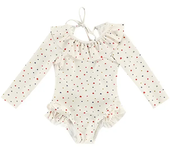 Girls Fashion High Fork One Piece Swimsuit Love Heart Ruffle Collar Long Sleeve Open Back Swimwear Children Swimming Suit A2345