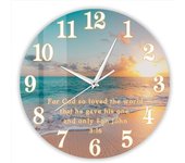 Reloj de pared con paisaje de playa y atardecer de 12.0 in, moderno reloj de pared decorativo de Jesucristo, silencioso, sin tictac, fe cristiana, versículo bíblico, Juan 3:16, reloj de pared religioso para sala de estar