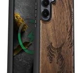 Funda magnética de madera para Galaxy S25+ y Samsung S25 Plus, carcasa de TPU a prueba de golpes con grabado de madera, compatible con cargadores inalámbricos MagSafe (La Brújula Incompleta) en nogal.