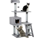PawHut Árbol Rascador para Gatos Grande Altura 124 cm Torre de Escalada con Plataformas Escalera Cueva Postes de Yute y Bola Colgante Juego y Descanso 60,5x40x124 cm Gris