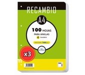 RECAMBIOS PACSA A4 100 HOJAS CUADRICULAS 4x4mm 100GR  PARA CARPETAS CON ANILLAS 4 TALADROS - PACK DE 3 UNIDADES