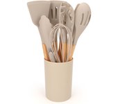 12Pcs Utensilios De Cocina De Silicona Con Cuchara Y Pala De Sopa Herramientas De Cocina Ecológicas Con Cesta De Almacenamiento Mano De Madera Antideslizante