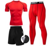 3 Pieces Fitness Suits Athletic Workout Compression Sets for Men Short Sleeve Rash Guard Undershirt Tops Leggings Pants Shorts