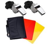 Juego de tarjetas de árbitro con tarjetas rojas y amarillas y 2 silbatos de acero inoxidable de metal con cordón, silbatos de sonido fuerte y nítido, ideales para entrenadores y deportes escolares.