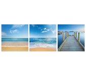 Dcasa Set de 3 cuadros cabeceros de playa fotoimpresos sobre lienzo azules de 50x50 cm