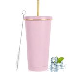 Vaso con pajita y tapa, 500 ml (17 oz), aislante térmico a prueba de fugas, de acero inoxidable de doble pared, para viaje al vacío.