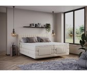 Vente-unique - Conjunto completo boxspring cabecera con costuras verticales + somieres relax eléctricos + colchón + sobrecolchón - 2 x 90 x 200 cm - Terciopelo - Beige - DONISI de PALACIO