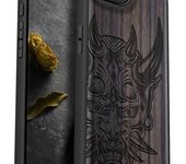 Funda magnética de madera para iPhone 16e (2025), madera maciza y TPU, diseño artesanal grabado, resistente a los golpes, compatible con cargadores inalámbricos MagSafe, diseño tradicional de templo - Blackwood