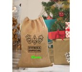Saco Reyes Magos con nombre, hecho de yute natural, entrega especial de Oriente. Disponible en varias medidas. Te ponemos el nombre que quieras