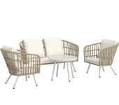 Outsunny Conjunto de Jardín Exterior de Ratán Sintético de 4 Piezas Muebles de Jardín Exterior con Sofá de 2 Plazas 2 Sillones 1 Mesa de Centro de Metal con Cojines Crema y Natural