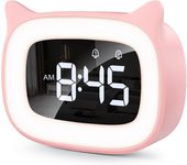 Despertador digital para niños, despertador con luz, despertador dual, luz LED nocturna para niñas, radio reloj con función de repetición, 18 tonos de llamada musicales, 5 modos de brillo, carga USB 12/24 horas, rosa