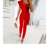 Fashion Sequins Decoration One Shoulder Backless Jumpsuit Women Female Slim Fit Stretch Lace-up High Waist  Back Zipper Rompers