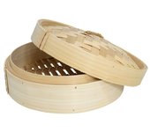 Tradineur - Vaporera de bambú con tapa, cesta de vapor para dim sum, arroz, verduras, carne, recipiente tradicional para cocción al vapor (Ø 25 cm)