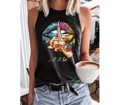 Summer Women's Colorful Lipprint Fingerprint Loose Size Round Neck Sleeveless Tank Top T-shirt