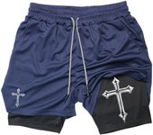 Men's cross printed 2-in-1 training shorts with compression lining, Christian gym sports shorts, phone pocket, towel buckle, run