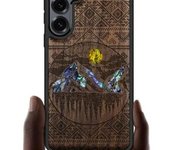 Funda magnética de madera para Galaxy S25+/S25 Plus, con grabado artesanal de madera e incrustaciones de concha, compatible con cargadores inalámbricos MagSafe (estilo azteca, lagos alpinos) rosa
