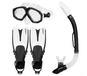 Aqua Sport - Kit gafas de snorkel para adultos, incluye tubo y aletas regulables, T. 38-42 y 42,5-47, máscara antigotas, fácil ajuste, tubo flexible con válvula de drenaje y escape, látex free, lentes policarbonato, buceo adultos