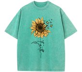 Sunflower And Butterfly Cotton Washed T-Shirt Women Prints Tops Summer O-Neck Oversized T Shirts Vintage Black Woman Clothes