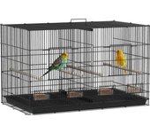PawHut Jaula para Pájaros con Divisor Jaula para Mascota Aves Loros Canarios Pajarera con Comederos Perchas y Bandeja Extraíble 94x57x57 cm Negro