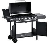 Outsunny Parrilla de Gas Carro para Barbacoa con 6 Quemadores 1 Quemador Lateral Gabinete Multifunción Metal Negro 135 x 50 x 100 cm