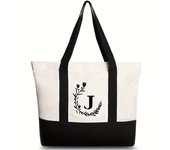 Black wheat ear gradient black letter printed canvas beach bag, fashionable and trendy handbag, canvas shopping bag