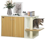 PawHut Mueble Arenero para Gatos 3 en 1 Nido Mesa Auxiliar Caja de Arena para Gatos con Puertas Cojín Poste para Rascar y Centro de Juegos para Salón Dormitorio 94x48x50,5 cm Roble y Blanco