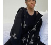 European and American loose top cross hot diamond hoodie women's high street Harajuku retro hip hop zipper Y2K hooded sweatshirt