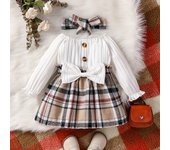Baby Girls Autumn/Spring Long Sleeve With Bow Elegant Plaid  Streetwear Dress+headband
