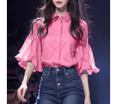 ZANZEA Elegant Women Chiffon Shirt Chic Ruffle 3/4 Sleeve Buttons Blouse Solid Luxury Lapel Neck Tops Baggy Fashion Party Blusas