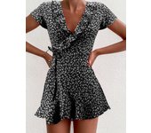 Summer Women’s Floal A-Line Dress Sweet Elegant Floral Ruffles V-neck Bandage Short Dress for Lady Chic Flowers Mini Dress