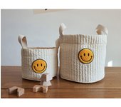Cesta de almacenamiento con bordado de cara sonriente linda de estilo coreano, cesta de almacenamiento para biberones, pañales y muñecas.
