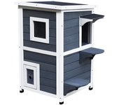 PawHut Caseta para Gatos de Madera Exterior Casa para Gatos de 2 Pisos con Techo Abrible Ventanas y 2 Plataformas para Terraza Balcón Jardín 51x51x81,3 cm Gris