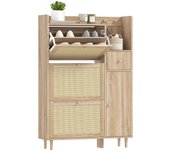 HOMCOM Mueble Zapatero Armario Zapatero con 3 Cajones Abatibles con Frentes de Ratán para 12 Pares de Zapatos Estantes Ajustables Zapatero Estrecho para Pasillo Entrada 80x23x120 cm Roble