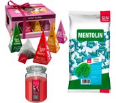Pack bienestar: MENTOLIN MENTA SUAVE S/A BOLSA 1KG + Vela perfumada de frutos rojos + Caja de Té Joyfull con variedad de sabores