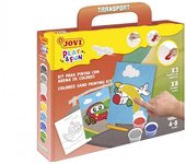 Jovi play & fun kit pinta con arena transport con 8 botes de arena + 1 punzon + 3 laminas con diseños de transportes - colores surtidos