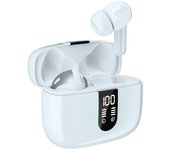 Auriculares inalámbricos Bluetooth 5.3 con LEDAuriculares intraaurales impermeables IPX5 con micrófono para smartphone y portátil, color blanco deportivo.