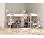 Vente-unique - Litera en esquina 2 x 90 x 200 cm - Con almacenamiento y escritorios - Blanco y natural + Colchón - LASCANO