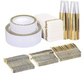 175x Disposable Tableware Plastic Plate For Catering Wedding Gold Rim