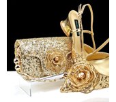 QSGFC Shiny Gold Color Shoes and Bag Elegant Handbags and Medium Heel Shoes Beautiful Handmade Flowers For Wedding Party