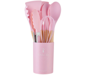 Juego de Herramientas de Cocina de Silicona 12 Piezas Utensilios de Cocina Antiadherentes con Mango de Madera Set de Batidor de Huevos y Escova de Cocina