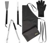 Pizhka KIT de 3: Delantal Cocina Hombre Grande Corpulento  + Guante Horno Barbacoa + 3 Utensilios Parrilla BBQ Set (Hardy)