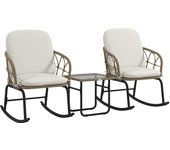 Outsunny Conjunto de Muebles de Ratán de 3 Piezas Cojunto de Mecedoras de Jardín con 1 Mesa de Centro 2 Mecedoras y Cojines para Jardín Terraza Patio Crema y Beige