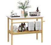 HOMCOM Estantería de baño HOMCOM, mueble de baño de bambú de 2 niveles con barra para toallas, estante abierto, dimensiones 100 ancho x 48 profundidad x 75 alto cm, natural y blanco