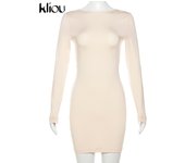 kliou Summer Women Milk Silk Mini Dress Casual Classic Backless Full Sleeve O-neck Basic Fit Bodycon Female Concise Streetwear