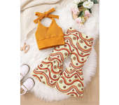 European & American Girls Knitted Suspender Backless Top+Wave Flower Flared Pants