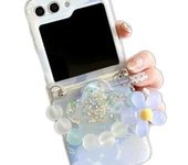 Funda para Samsung Galaxy Z Flip 6 con soporte de flores, diseño de flores de colores para Galaxy Z Flip 5 con cadena para la muñeca para niñas y mujeres (Z Flip 5, azul)