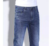 Mens Fashion Appliques Jeans Mid-Waist High Quality Business Denim Trousers Straight Stretch Slim Blue Four Seasons Jeans