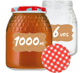 MundoTarros - Tarros de Cristal para Miel de 1 kg con Tapa a Cuadros - Diseño de Celdillas Hexagonales - Conservación Hermética Ideal para Almacenaje y Conservar Miel (1000 gramos)