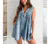 2024 Women Deep V Neck Lace-up Denim Jumpsuit Shorts Rompers Female Pleated Sleeveless One-piece Trousers Side Pocket Streetwear