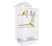 PawHut Jaula para Pájaros Pajarera con Múltiples Puertas 4 Comederos 3 Perchas Columpio Escaleras y Bandeja Extraíble para Loros Canarios Periquitos 46x36x100 cm Blanco